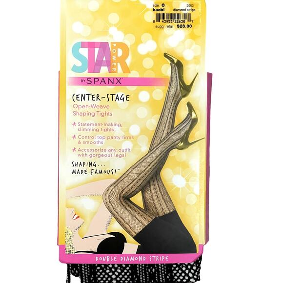 Star Power Spanx Center Stage Shaping Tights 2062 Open Diamond Stripe Black Sz C - Picture 1 of 6